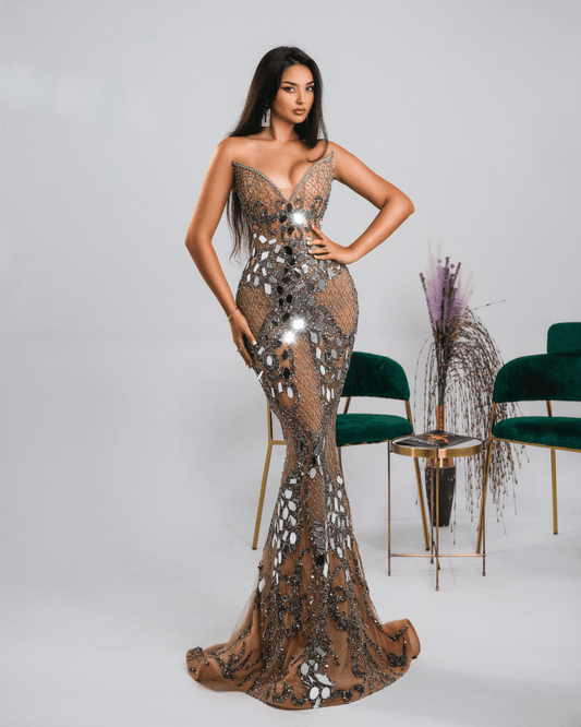 Onenda Silver Long Dress, Sleeveless with Crystals - BLINI