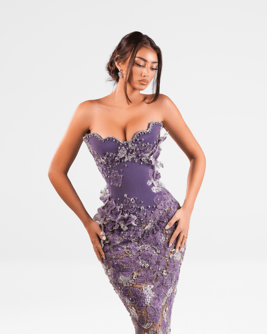 Oneya Purple Long Sleeveless Dress with Crystals and Flowers - BLINI