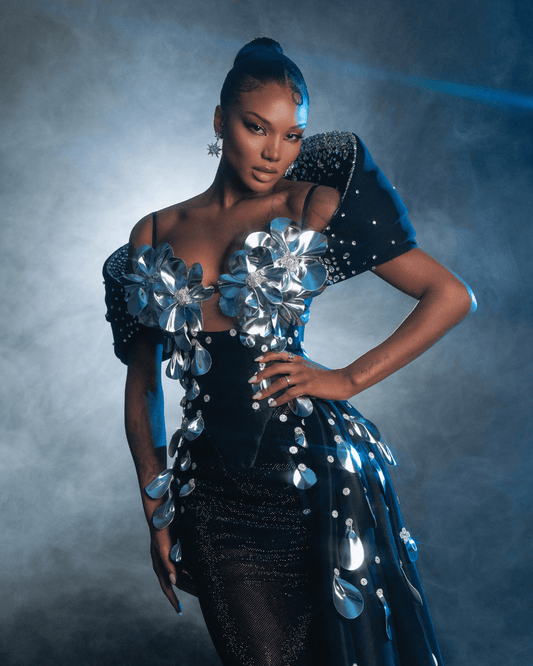 Onire Black Dress with Flowers and Cape - BLINI