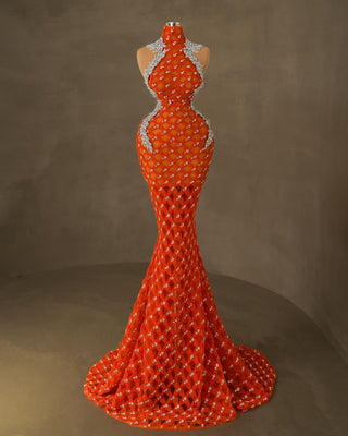 Onisae Orange Dress with Silver Stones