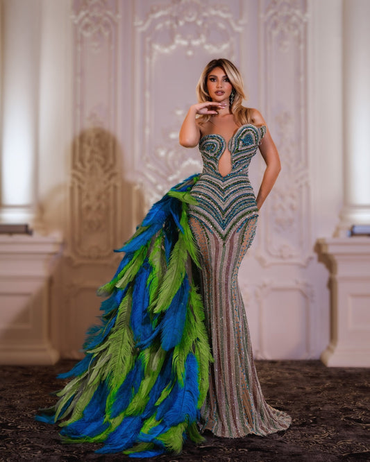 Opal Sleeveless Dress Embellished with Crystals and Feathers - BLINI