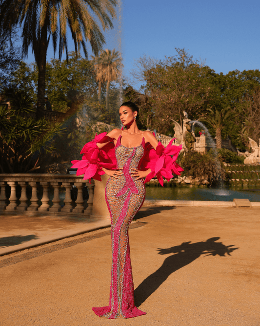 Orela Pink Long Dress, with Cape and Flowers - BLINI