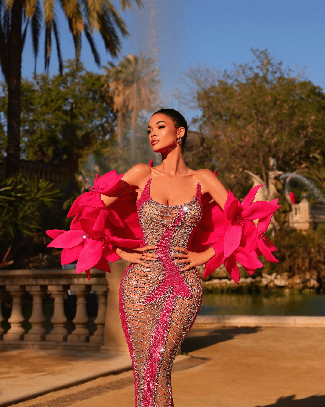 Orela Pink Long Dress, with Cape and Flowers - BLINI