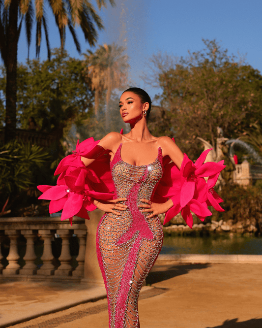 Orela Pink Long Dress, with Cape and Flowers - BLINI