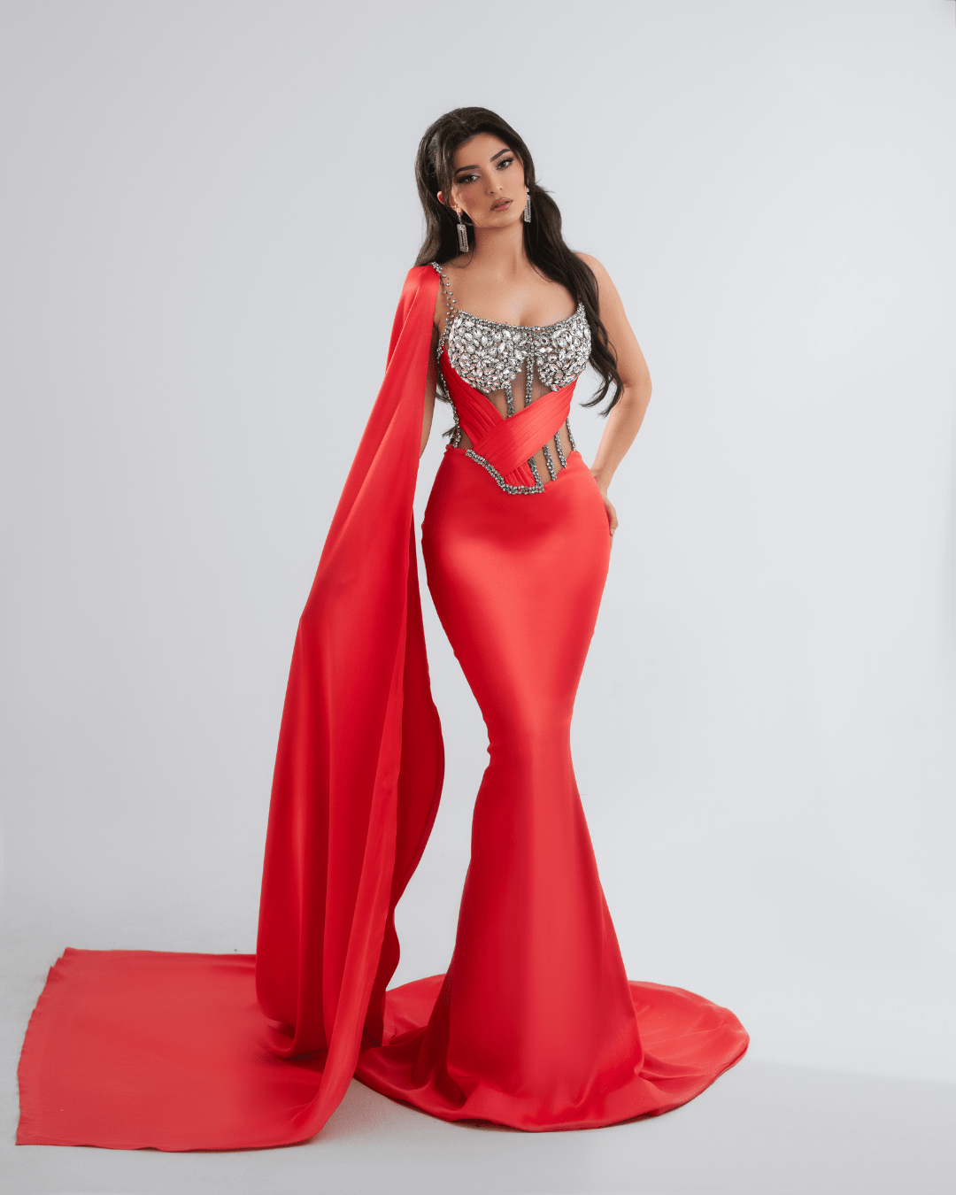 Orene Light Pink Long Dress with Crystals and Cape - BLINI