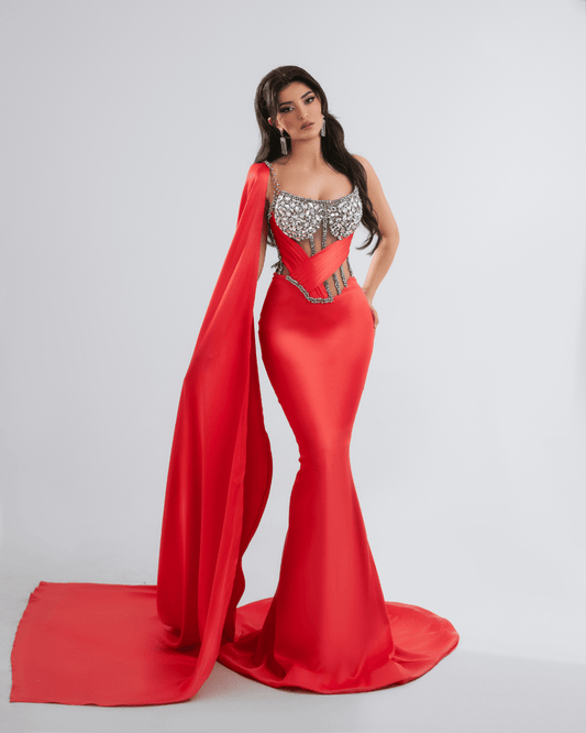 Orene Light Pink Long Dress with Crystals and Cape - BLINI