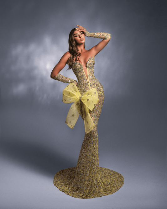 Oria Yellow Sleeveless Dress with Deep V Neck and Bow - BLINI