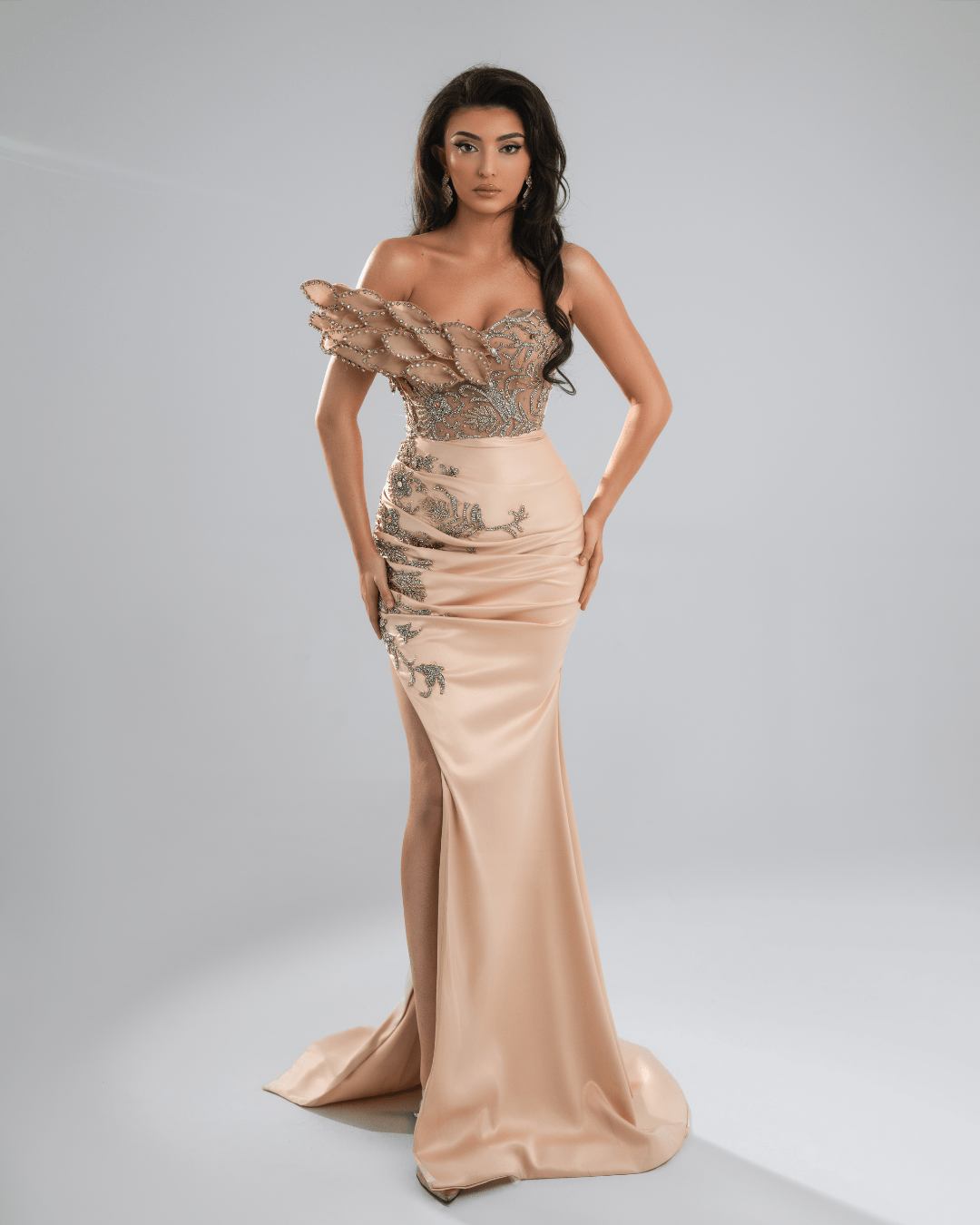 Orisea Nude Long Dress with Crystals and Feathers - BLINI