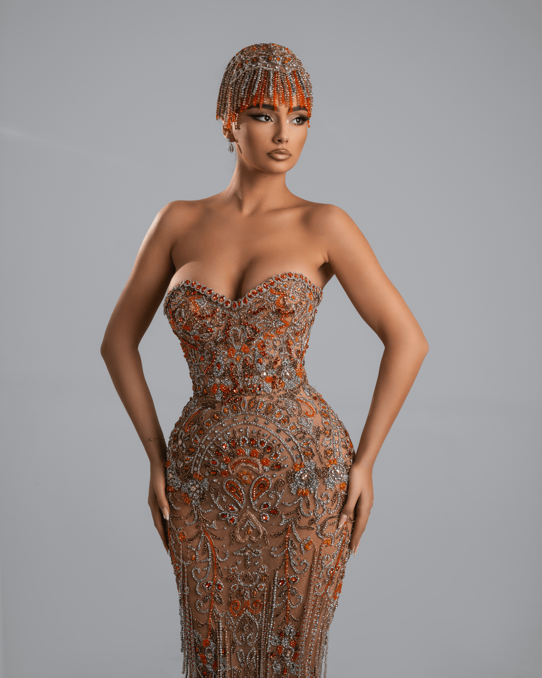 Orone Orange Long Dress with Crystals - BLINI
