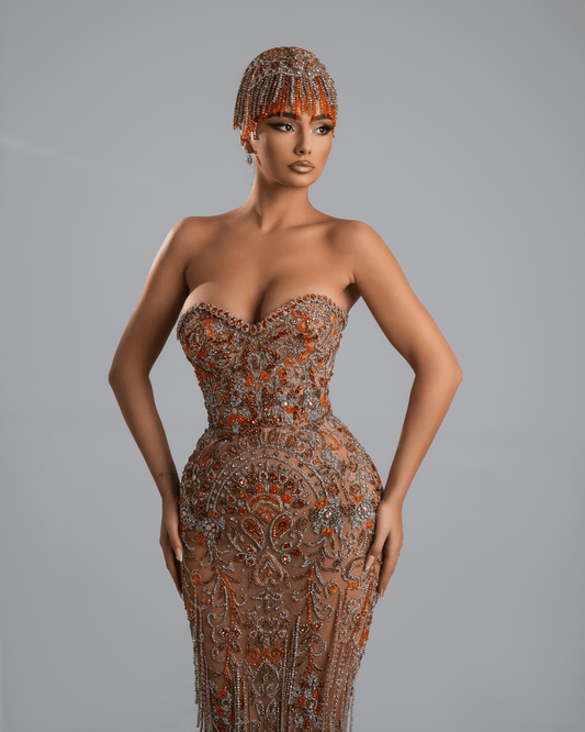 Orone Orange Long Dress with Crystals - BLINI