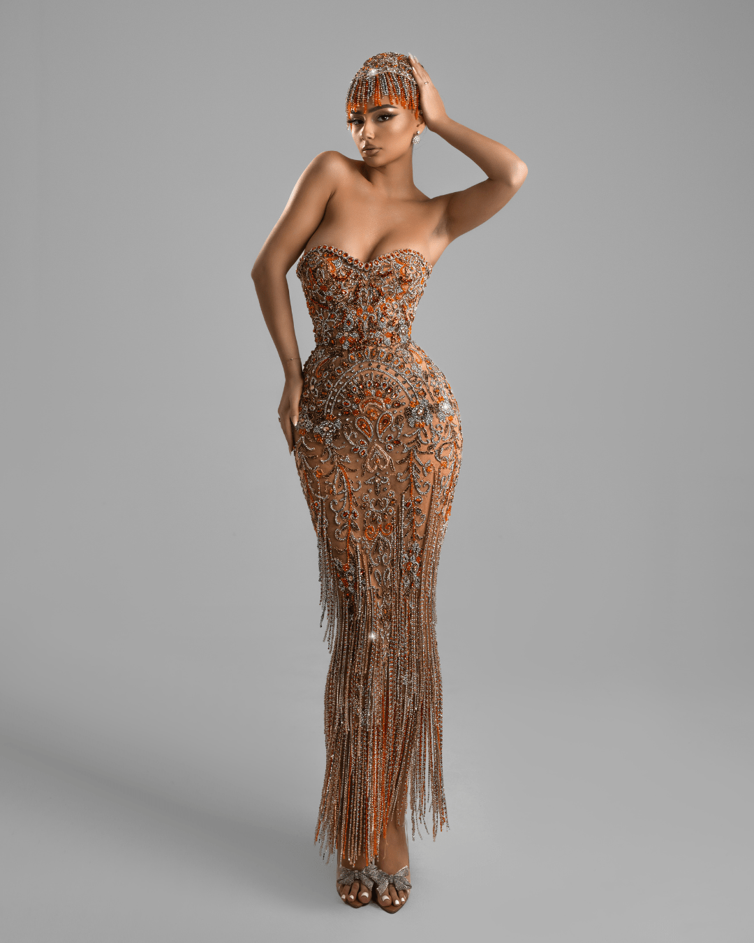 Orone Orange Long Dress with Crystals - BLINI