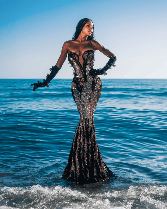 Panena Sleeveless Sequin Dress with Flowers and Gloves - BLINI