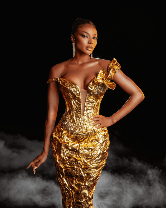 Paula Gold Long Dress with Metallic Leather - BLINI