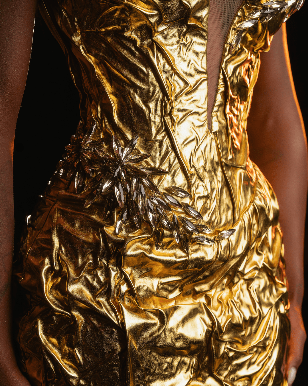 Paula Gold Long Dress with Metallic Leather - BLINI