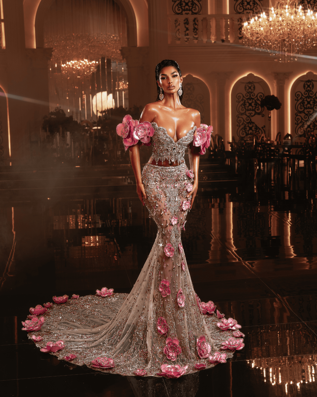 Planya Pink Sleeveless Dress with Flowers and Cape - BLINI