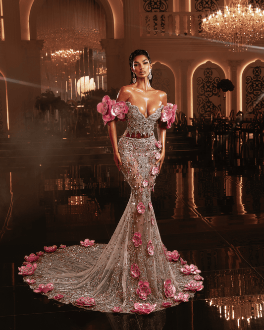 Planya Pink Sleeveless Dress with Flowers and Cape - BLINI