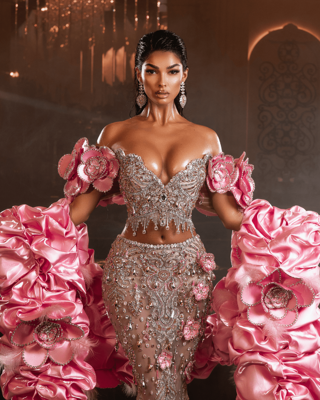 Planya Pink Sleeveless Dress with Flowers and Cape - BLINI