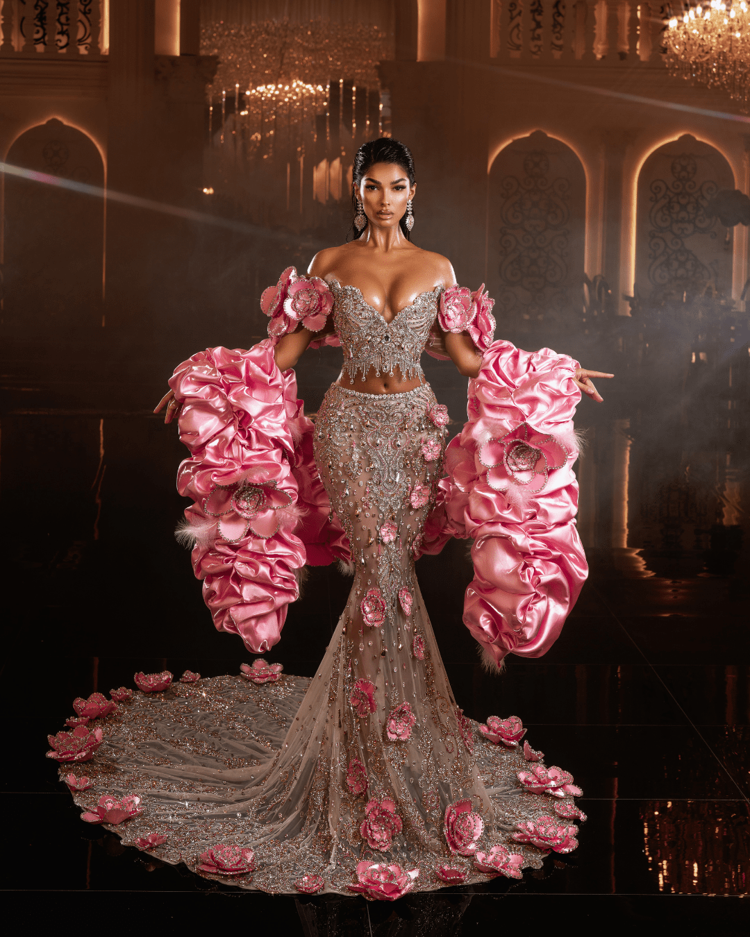 Planya Pink Sleeveless Dress with Flowers and Cape - BLINI