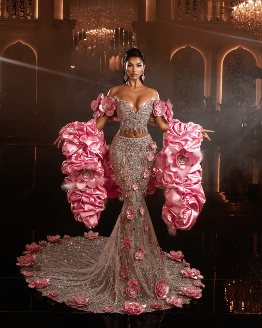 Planya Pink Sleeveless Dress with Flowers and Cape - BLINI