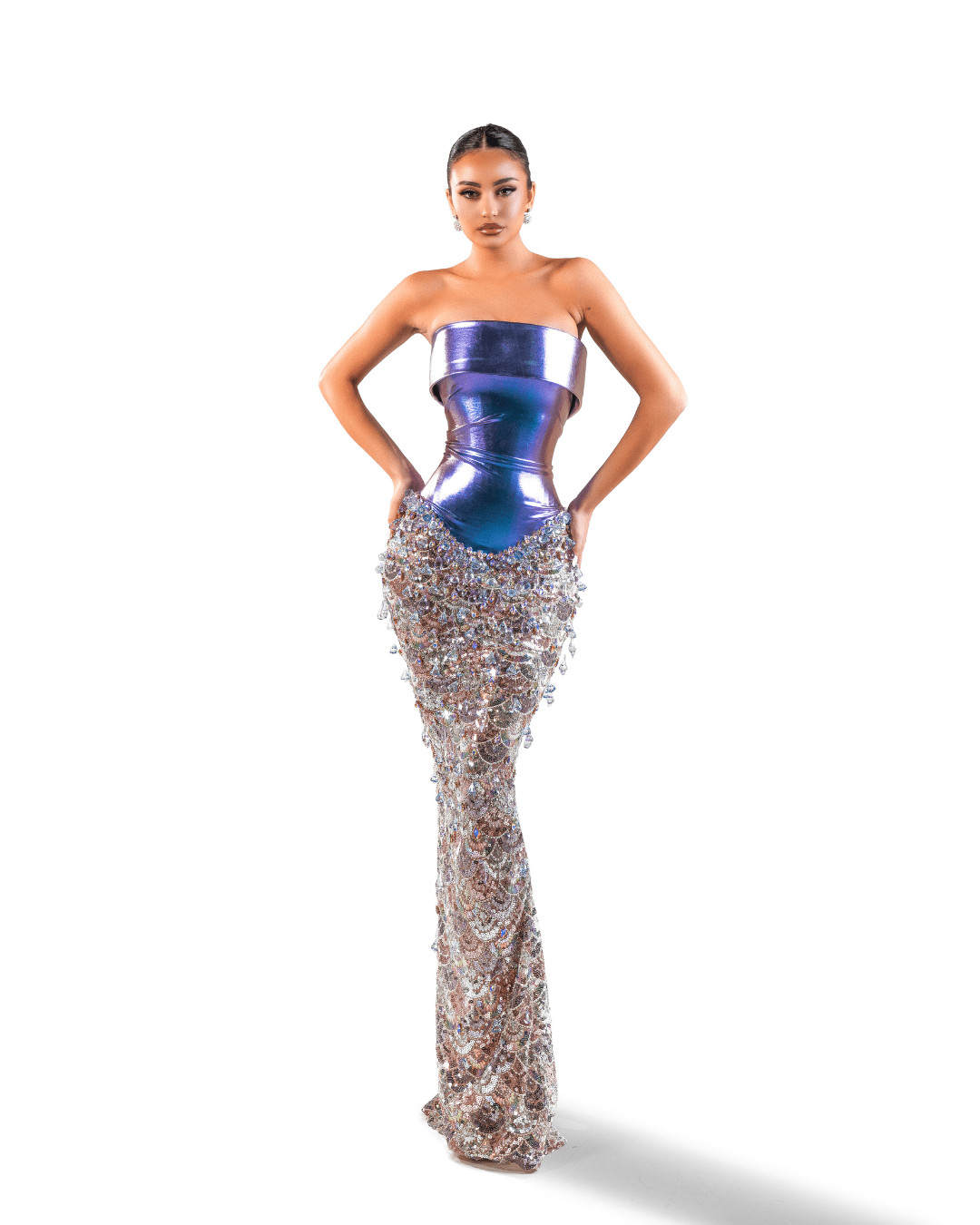 Polua Purple Long Sleeveless Dress with Crystals and Metallic Leather - BLINI