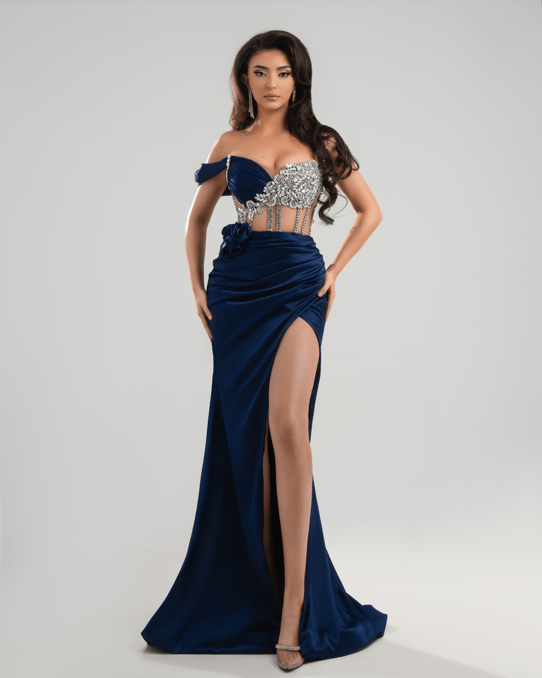 Ponea Red Long Dress, Side Cape and Crystals - BLINI