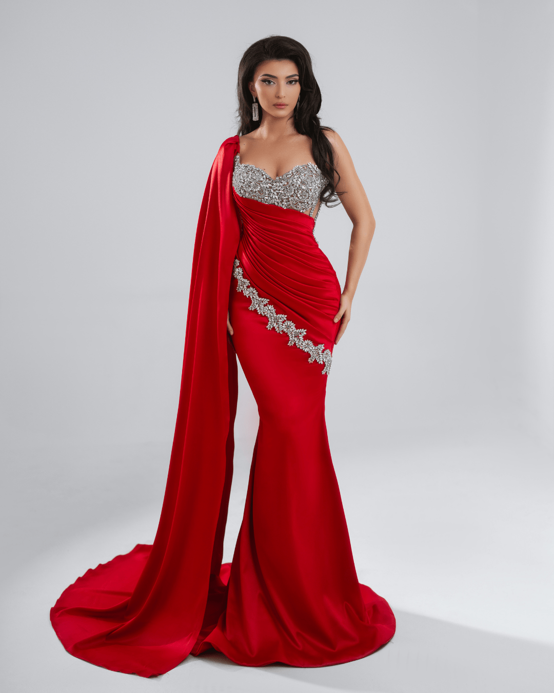 Ponea Red Long Dress, Side Cape and Crystals - BLINI