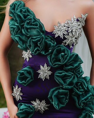 Close-up of Green Flower Embellishments on Purple Dress