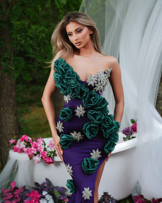 Long Strapless Purple Dress with Deep Leg Slit and Floral Embellishments