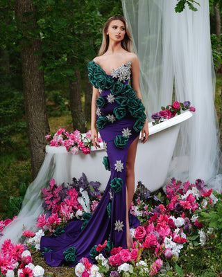 Elegant Purple Dress with Green Flowers and Silver Stones