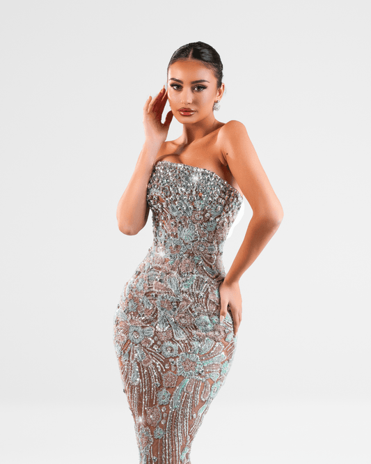 Quante Silver Long Sleeveless Dress with Crystals - BLINI