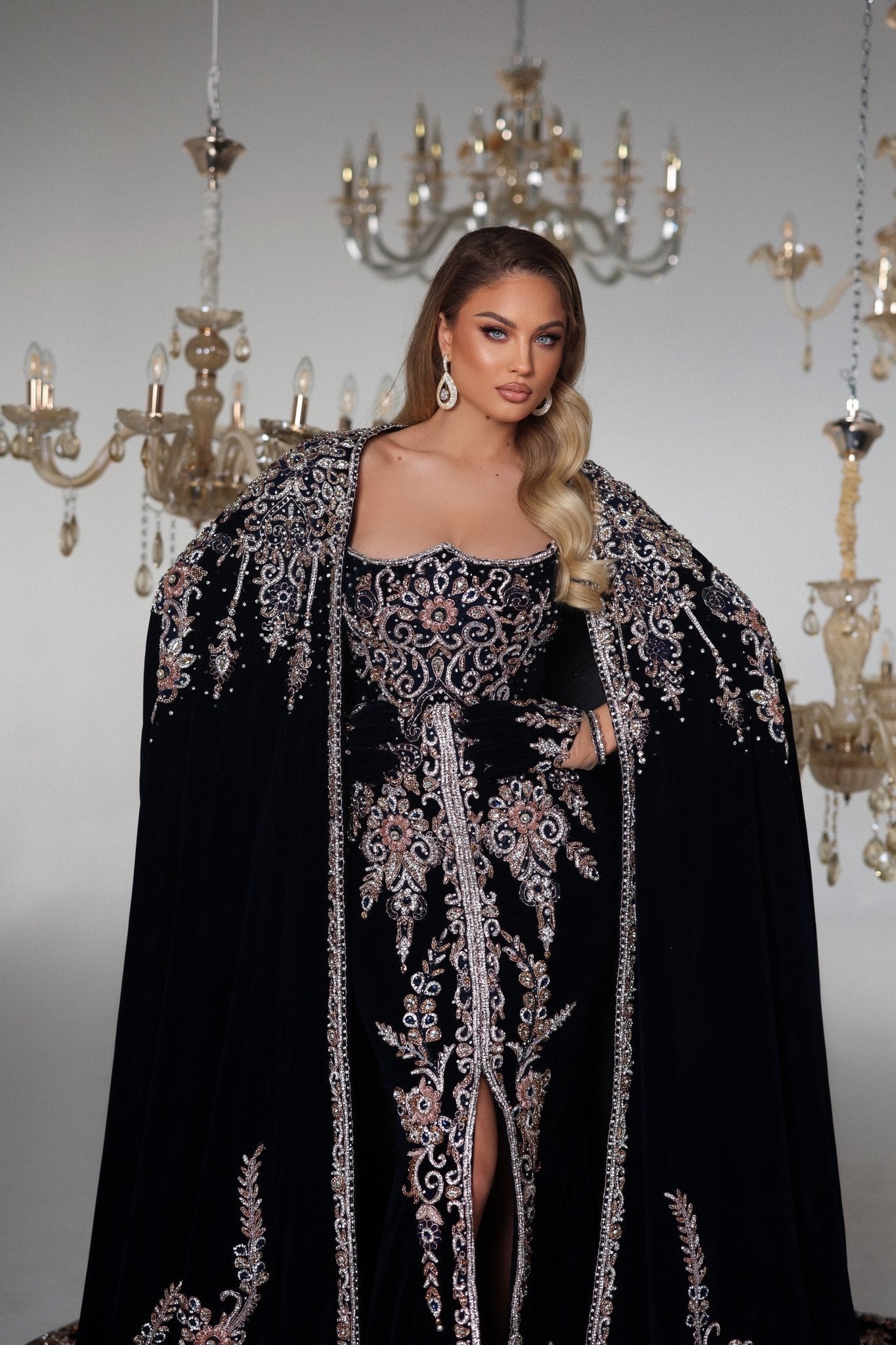 Radiantique Black Velvet Dress with Gemstone Details - BLINI