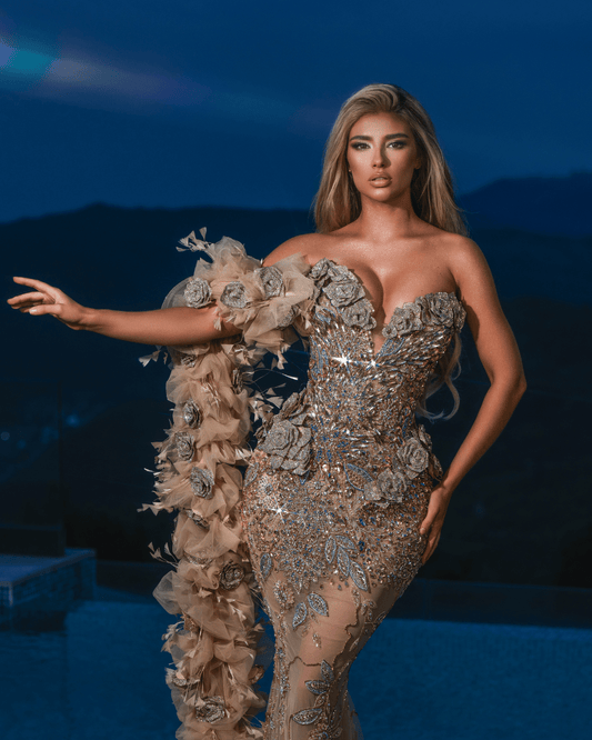 Rave Nude Dress with Cape and Flowers - BLINI