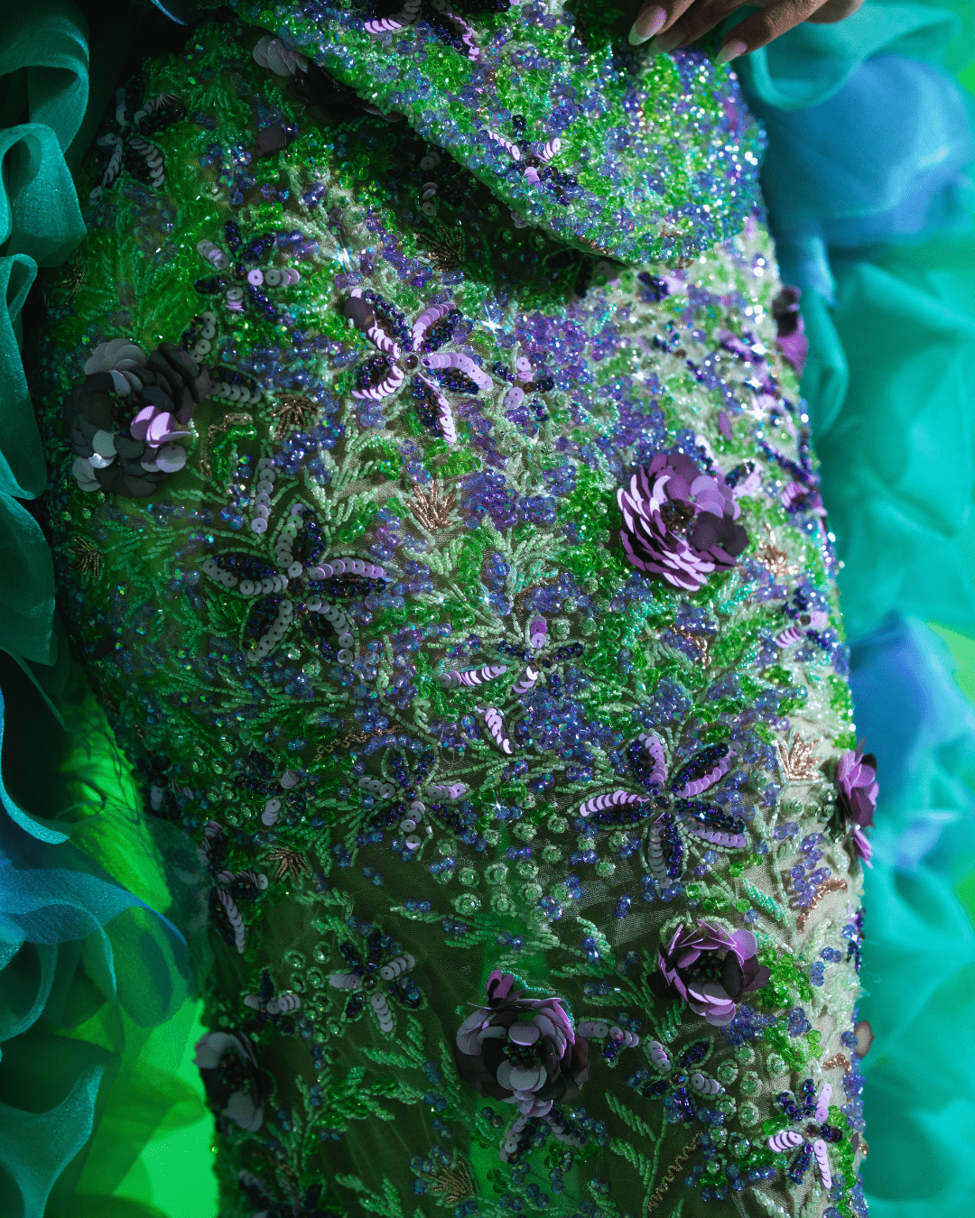 Rayal Green Long Sleeveless Dress with Crystals and Flowers - BLINI