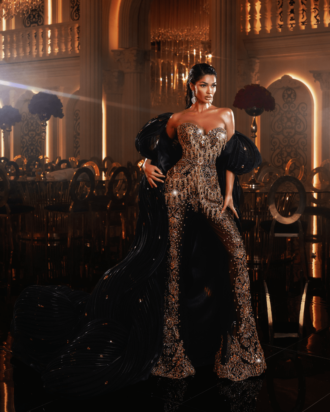 Redia Black Jumpsuits with Gold Crystals and Cape - BLINI