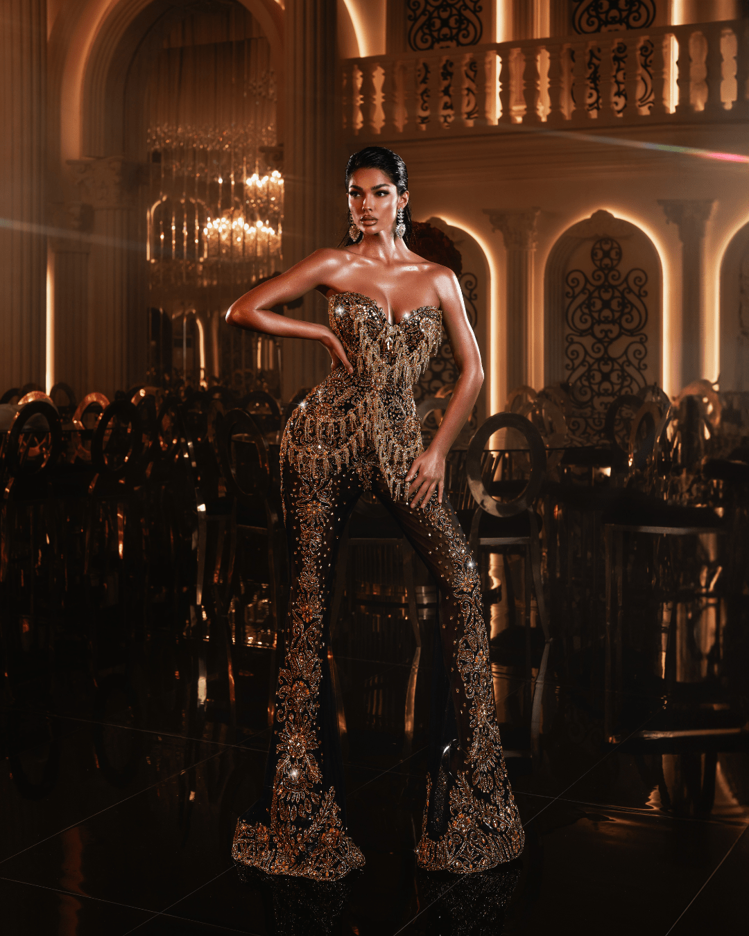 Redia Black Jumpsuits with Gold Crystals and Cape - BLINI