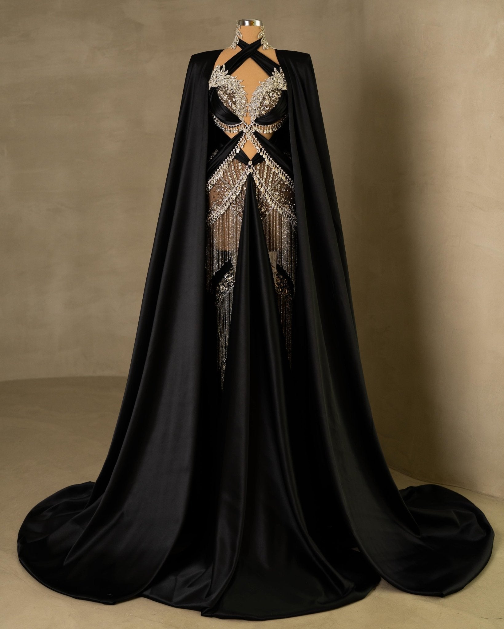 Reina Black Dress with Cape and Stones - BLINI