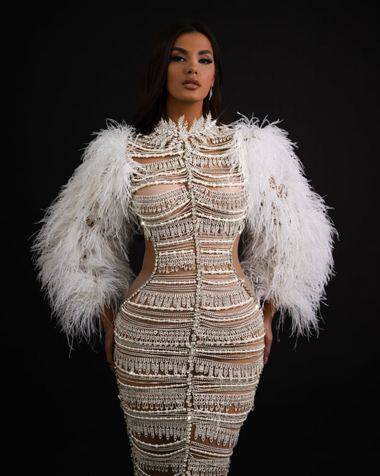 Réka Silver Tassels Dress with Feathers - BLINI