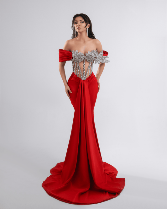 Relea Red Long Dress with Crystals and Cut - Outs - BLINI