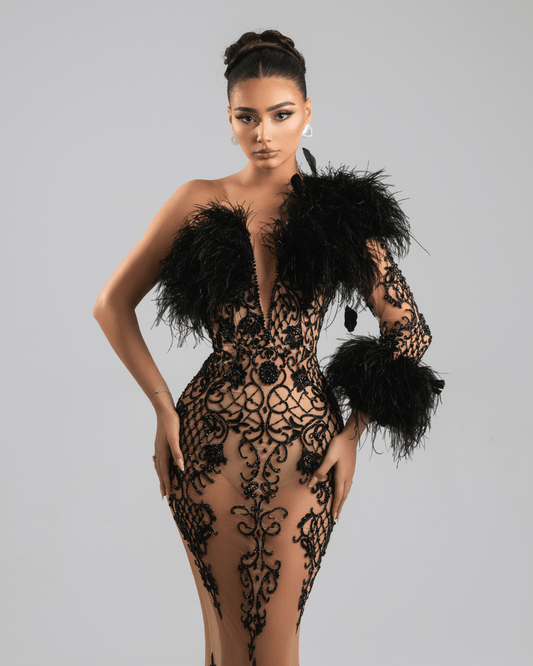 Rene Black Long Dress with Feathers - BLINI