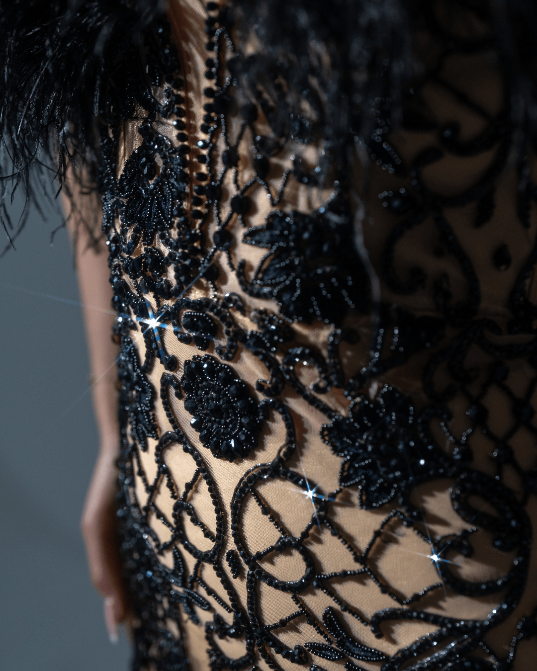 Rene Black Long Dress with Feathers - BLINI