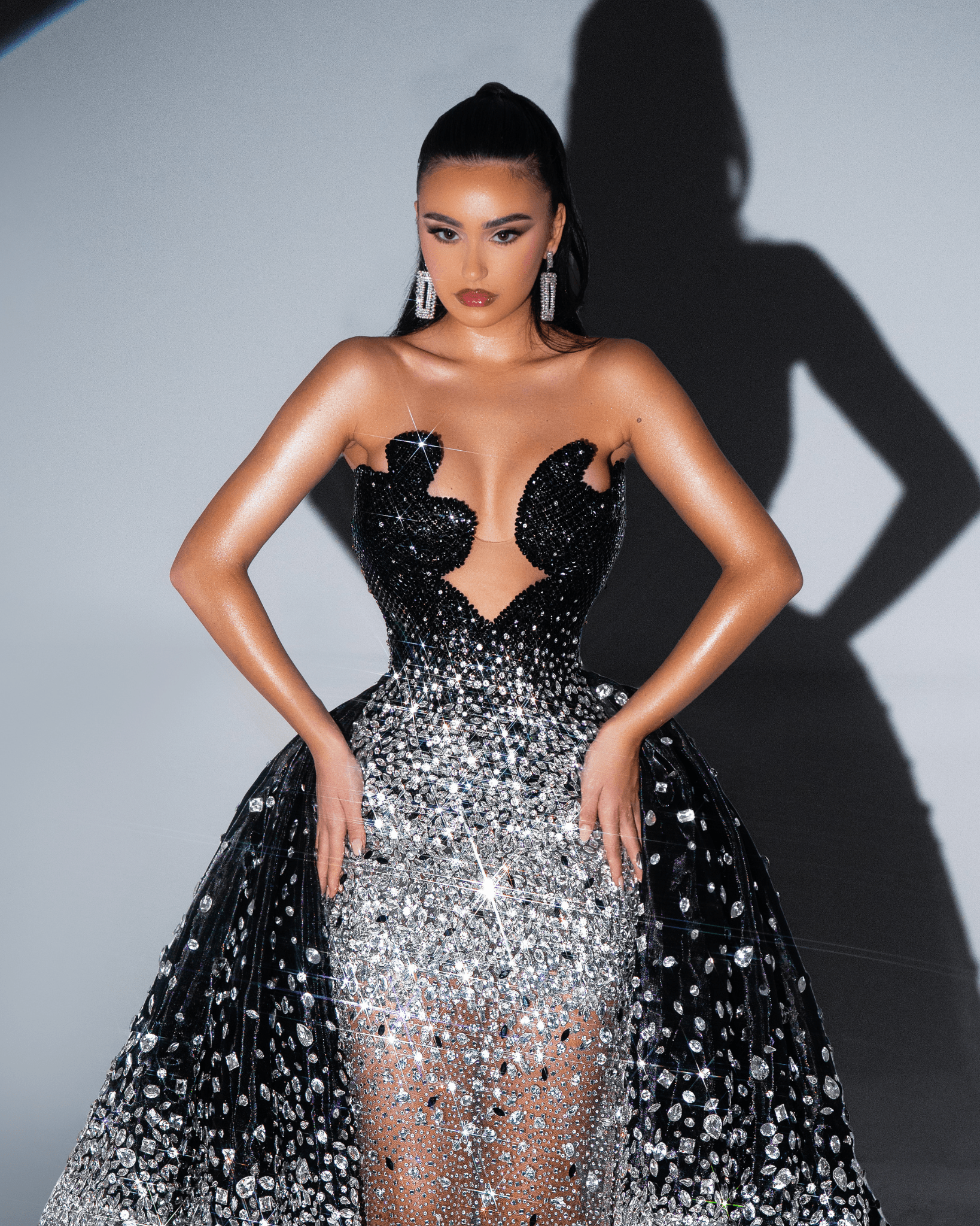 Reuse Black and Silver Long Sleeveless Gown with Crystals and Cape - BLINI