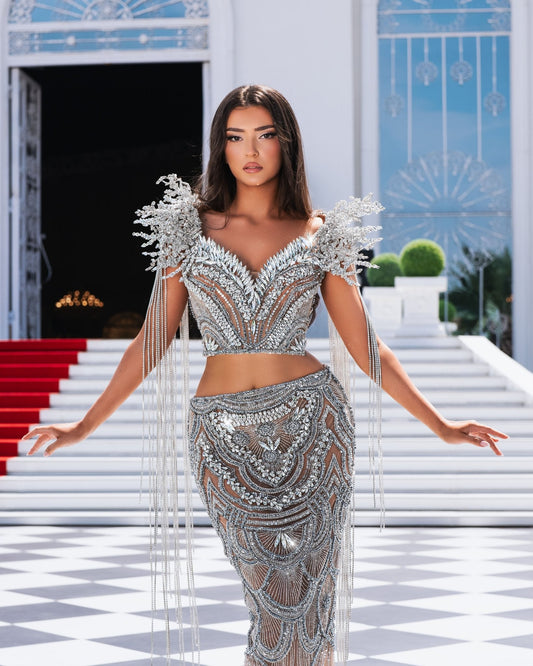 Rhiannon Two Piece Silver Dress with Shoulder Tassels - BLINI