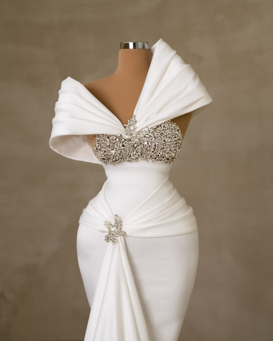 Rionna Asymmetrical Neckline Bridal Dress Embellished with Stones - BLINI