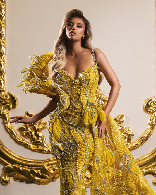 Risiola Yellow Dress with Beads and Feathers - BLINI