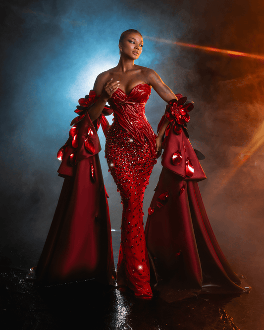 Roesa Long Dress with Metallic Leather and Flowers - BLINI