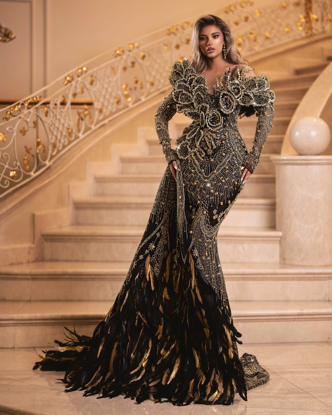 Black gown with gold embellishment hotsell