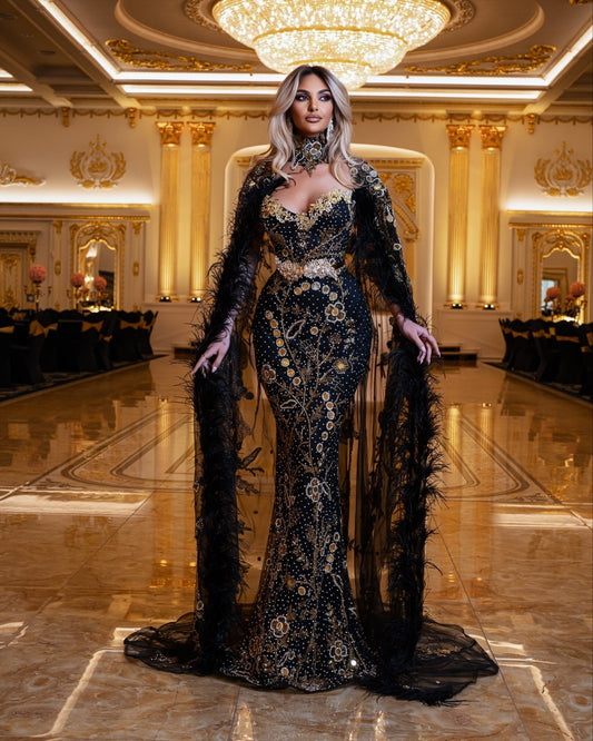 Rowena Sleeveless Dress with Majestic Cape and Neck Detail - BLINI