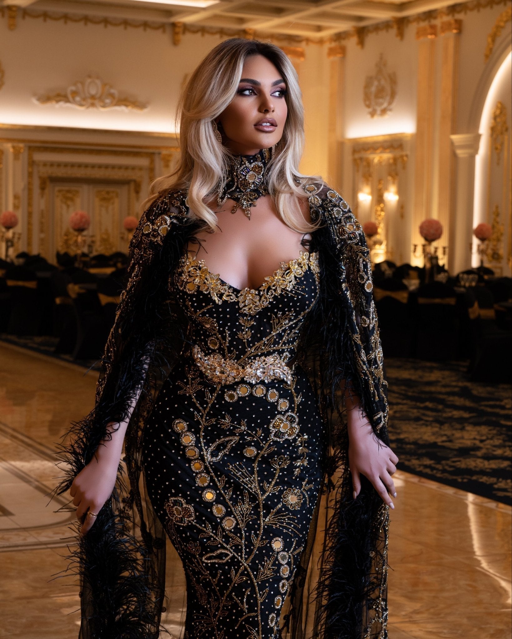 Rowena Sleeveless Dress with Majestic Cape and Neck Detail - BLINI