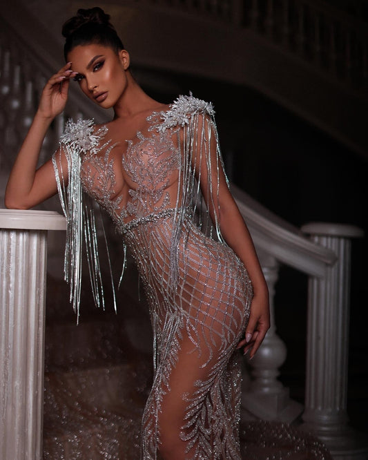 Rozana Silver Dress with Tassels and Majestic Tail - BLINI