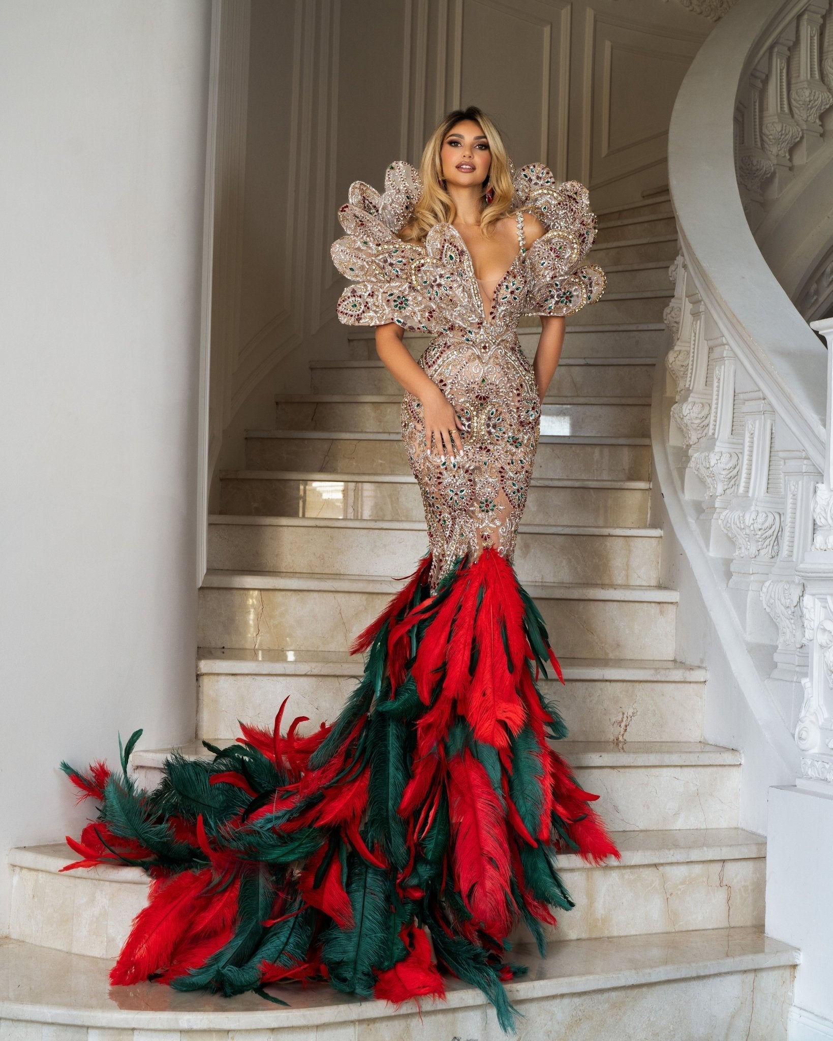 Ruby Crystal Dress Embellished with Feathers - BLINI